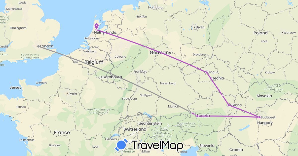 TravelMap itinerary: driving, plane, train in Austria, Czech Republic, United Kingdom, Hungary, Netherlands (Europe)